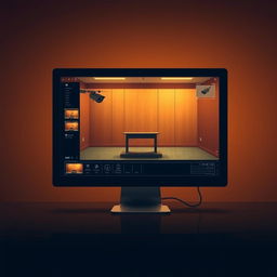 A minimalist movie poster showcasing a computer screen displaying security camera feeds, focusing on an empty witness stand