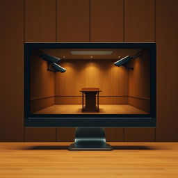 A minimalist movie poster showcasing a computer screen displaying security camera feeds, focusing on an empty witness stand