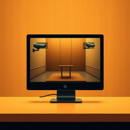 A minimalist movie poster showcasing a computer screen displaying security camera feeds, focusing on an empty witness stand