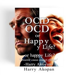 A captivating book cover for a psychology title called "OCD or Happy Life?" featuring two realistic images of men