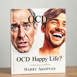 A captivating book cover for a psychology title called "OCD or Happy Life?" featuring two realistic images of men