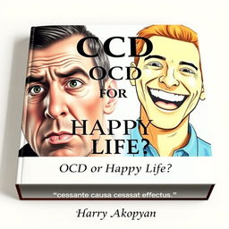 A captivating book cover for a psychology title called "OCD or Happy Life?" featuring two realistic images of men