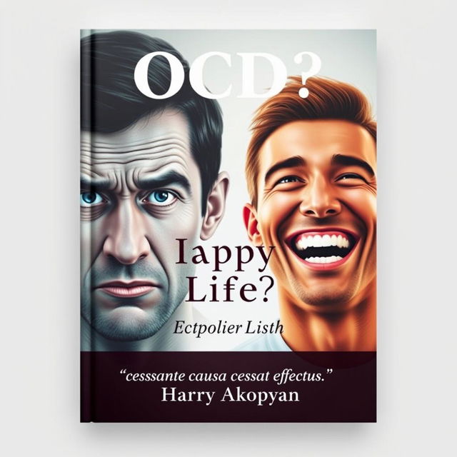 A captivating book cover for a psychology title called "OCD or Happy Life?" featuring two realistic images of men