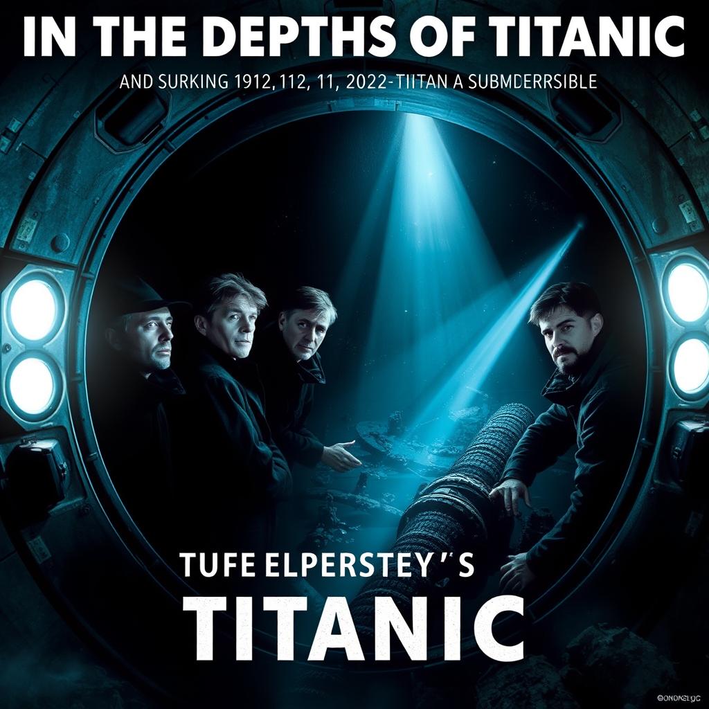 A dramatic movie poster titled 'In the Depths of Titanic', visually connecting the sinking of Titanic (1912) and the implosion of the Titan submersible (2023)