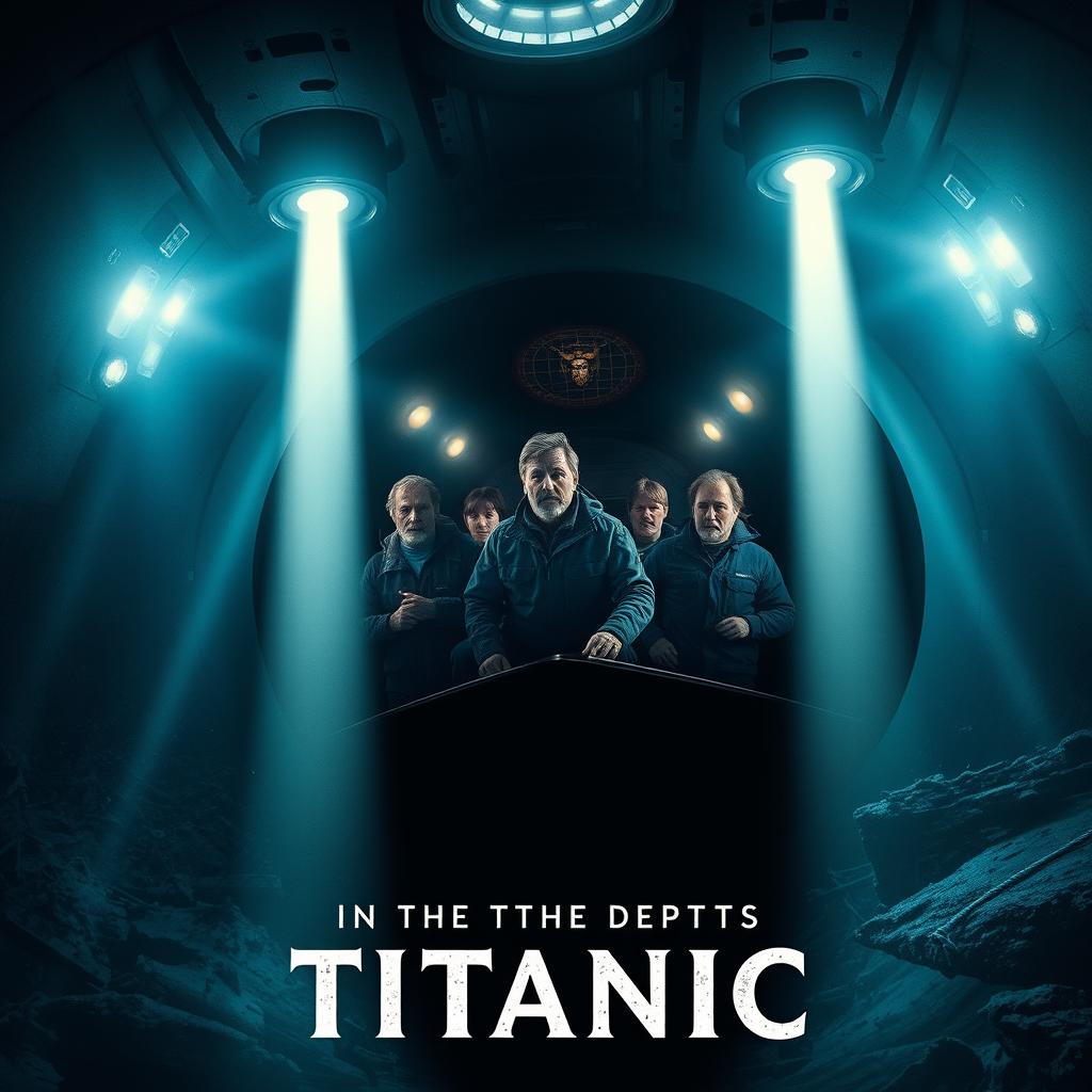 A dramatic movie poster titled 'In the Depths of Titanic', visually connecting the sinking of Titanic (1912) and the implosion of the Titan submersible (2023)