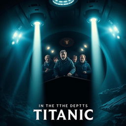 A dramatic movie poster titled 'In the Depths of Titanic', visually connecting the sinking of Titanic (1912) and the implosion of the Titan submersible (2023)