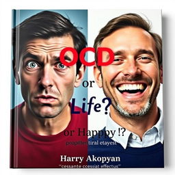 An engaging book cover for a psychology book titled "OCD or Happy Life?" featuring a realistic depiction of two men