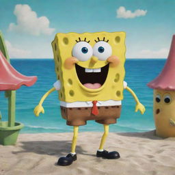 Spongebob Squarepants depicted in a vintage 1945 style animation, wearing period-appropriate attire and interacting with elements typical of this time period in Bikini Bottom.