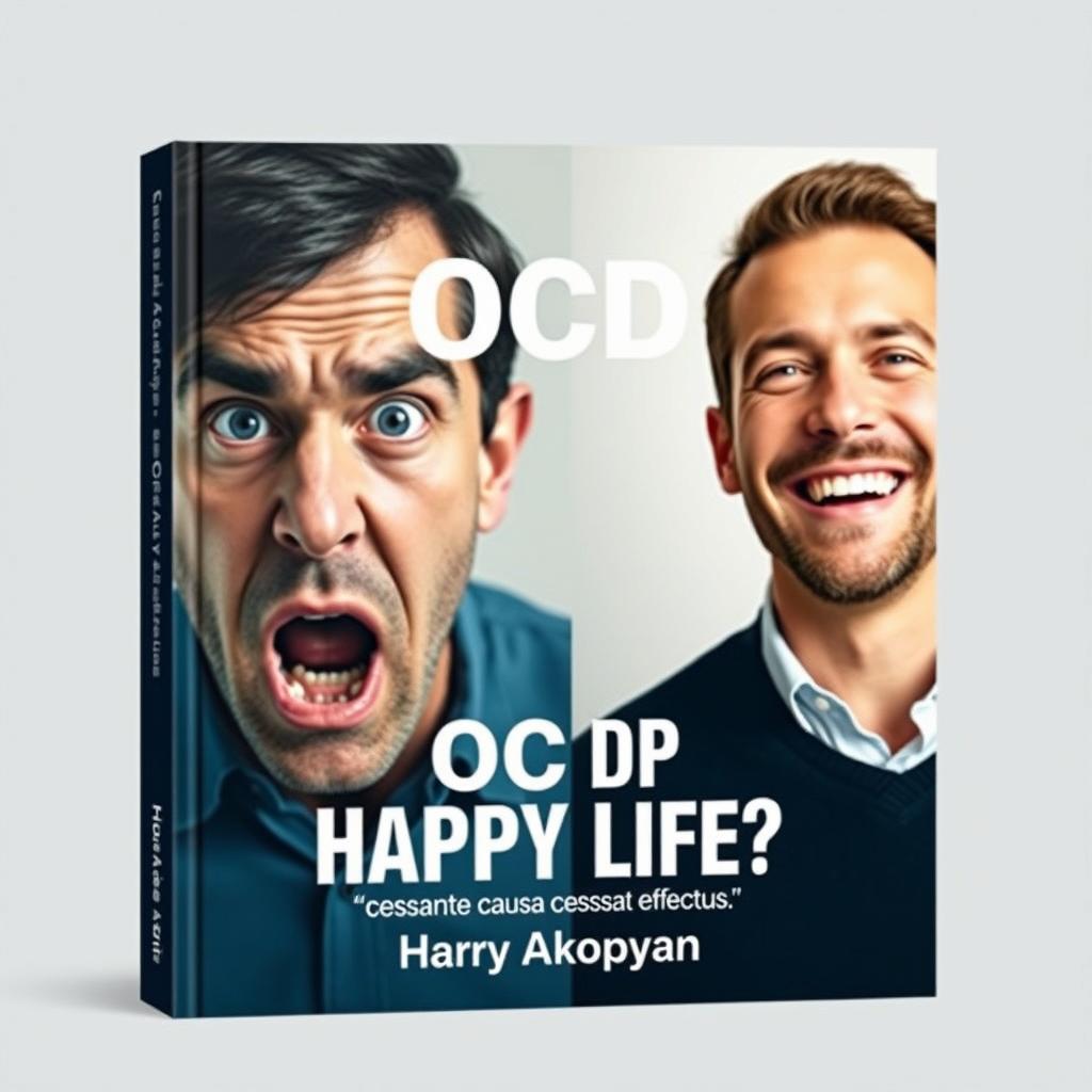 An engaging book cover for a psychology book titled "OCD or Happy Life?" featuring a realistic depiction of two men