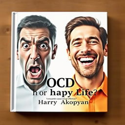 An engaging book cover for a psychology book titled "OCD or Happy Life?" featuring a realistic depiction of two men