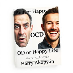 An engaging book cover for a psychology book titled "OCD or Happy Life?" featuring a realistic depiction of two men