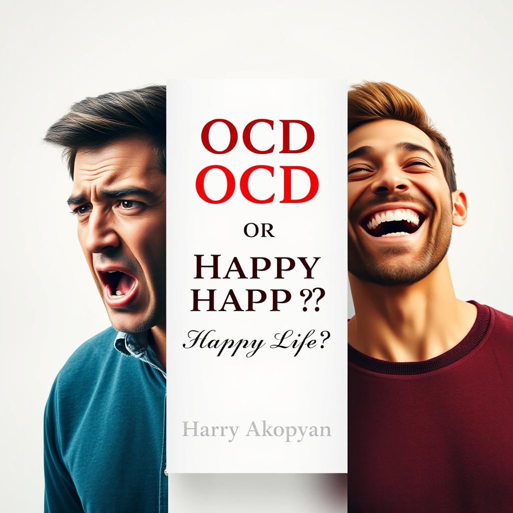 A striking book cover for a psychology book titled "OCD or Happy Life?" featuring two men on a light background