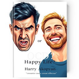 A striking book cover for a psychology book titled "OCD or Happy Life?" featuring two men on a light background