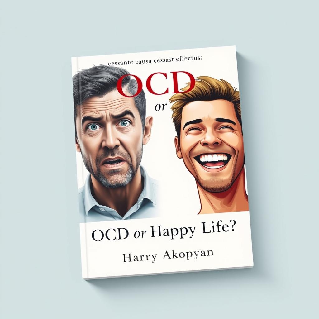 A striking book cover for a psychology book titled "OCD or Happy Life?" featuring two men on a light background