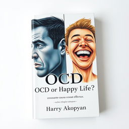 A striking book cover for a psychology book titled "OCD or Happy Life?" featuring two men on a light background