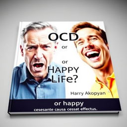 An imaginative book cover for the psychology book titled "OCD or Happy Life?" showcasing the contrasting emotions of two men