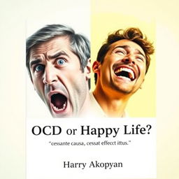 An imaginative book cover for the psychology book titled "OCD or Happy Life?" showcasing the contrasting emotions of two men