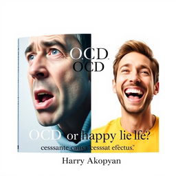 An imaginative book cover for the psychology book titled "OCD or Happy Life?" showcasing the contrasting emotions of two men