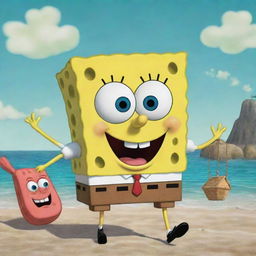 Spongebob Squarepants depicted in a vintage 1945 style animation, wearing period-appropriate attire and interacting with elements typical of this time period in Bikini Bottom.