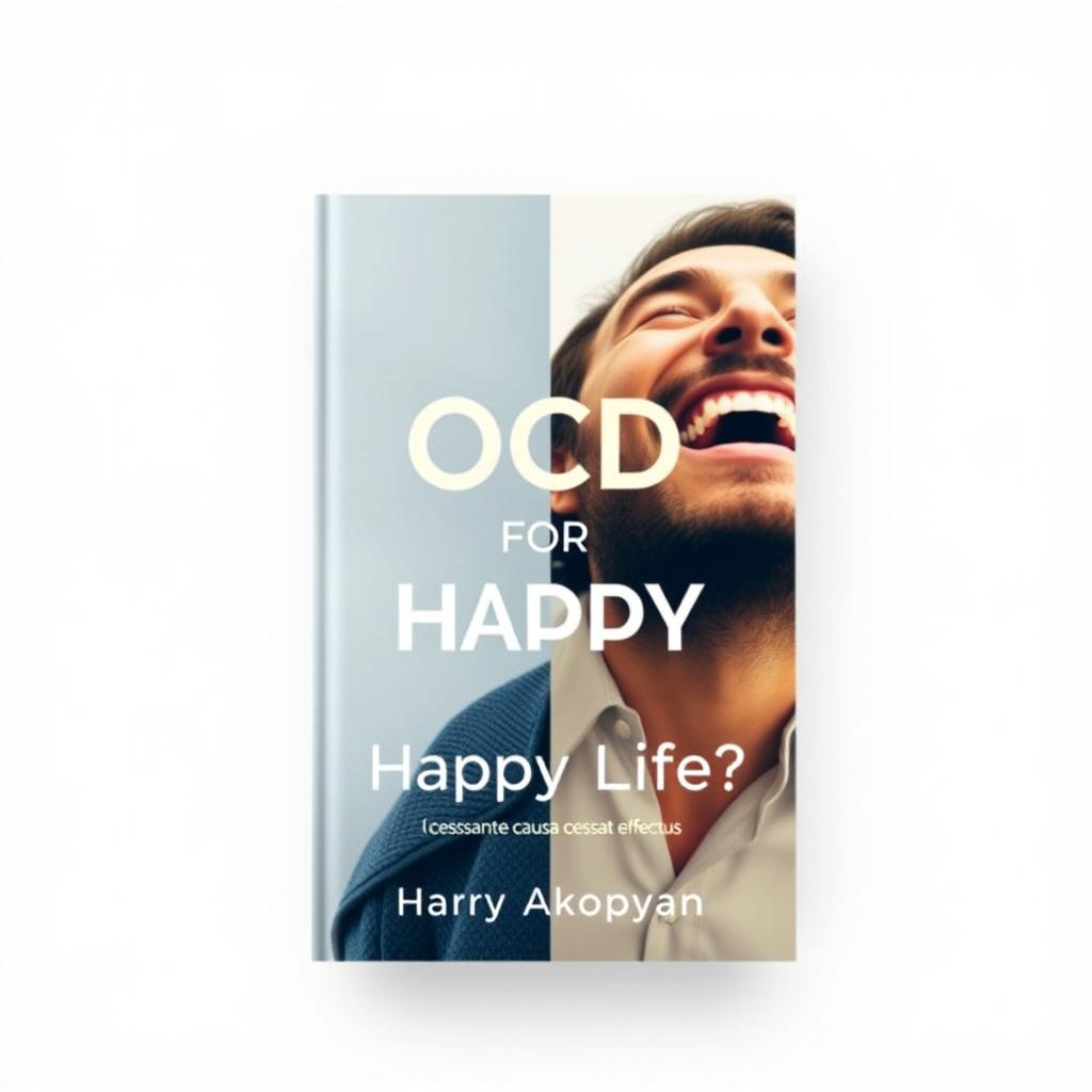 An imaginative book cover for the psychology book titled "OCD or Happy Life?" showcasing the contrasting emotions of two men