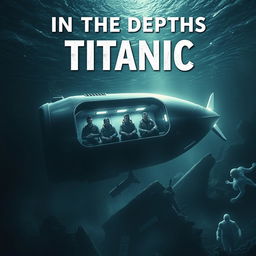 A cinematic movie poster titled "In the Depths of Titanic", connecting visually the sinking of the Titanic in 1912 and the implosion of the Titan submersible in 2023