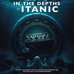 A cinematic movie poster titled "In the Depths of Titanic", connecting visually the sinking of the Titanic in 1912 and the implosion of the Titan submersible in 2023