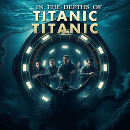 A cinematic movie poster titled "In the Depths of Titanic", connecting visually the sinking of the Titanic in 1912 and the implosion of the Titan submersible in 2023