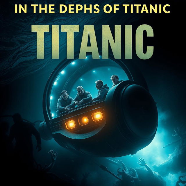 A cinematic movie poster titled "In the Depths of Titanic", connecting visually the sinking of the Titanic in 1912 and the implosion of the Titan submersible in 2023