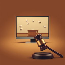 A minimalist movie poster featuring a computer screen displaying multiple security cameras focused on an empty witness stand, with a prominent court hammer positioned in the foreground