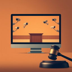 A minimalist movie poster featuring a computer screen displaying multiple security cameras focused on an empty witness stand, with a prominent court hammer positioned in the foreground