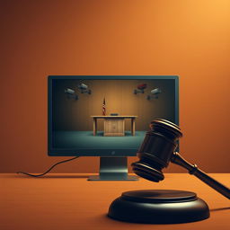 A minimalist movie poster featuring a computer screen displaying multiple security cameras focused on an empty witness stand, with a prominent court hammer positioned in the foreground