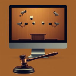 A minimalist movie poster featuring a computer screen displaying multiple security cameras focused on an empty witness stand, with a prominent court hammer positioned in the foreground