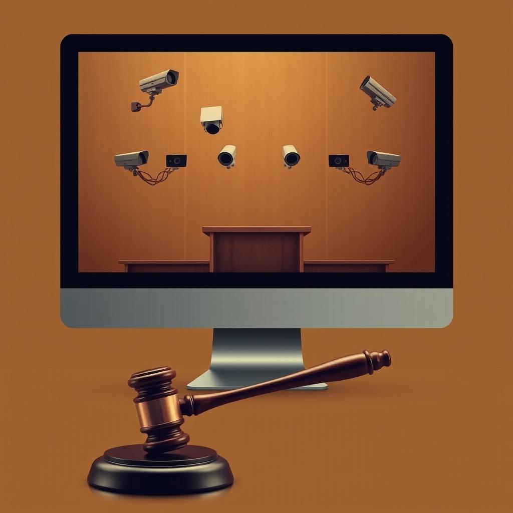 A minimalist movie poster featuring a computer screen displaying multiple security cameras focused on an empty witness stand, with a prominent court hammer positioned in the foreground