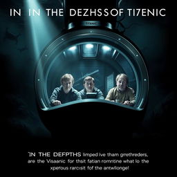 A gripping movie poster titled 'In The Depths of Titanic', visually connecting the sinking of the Titanic in 1912 and the implosion of the Titan submersible in 2023