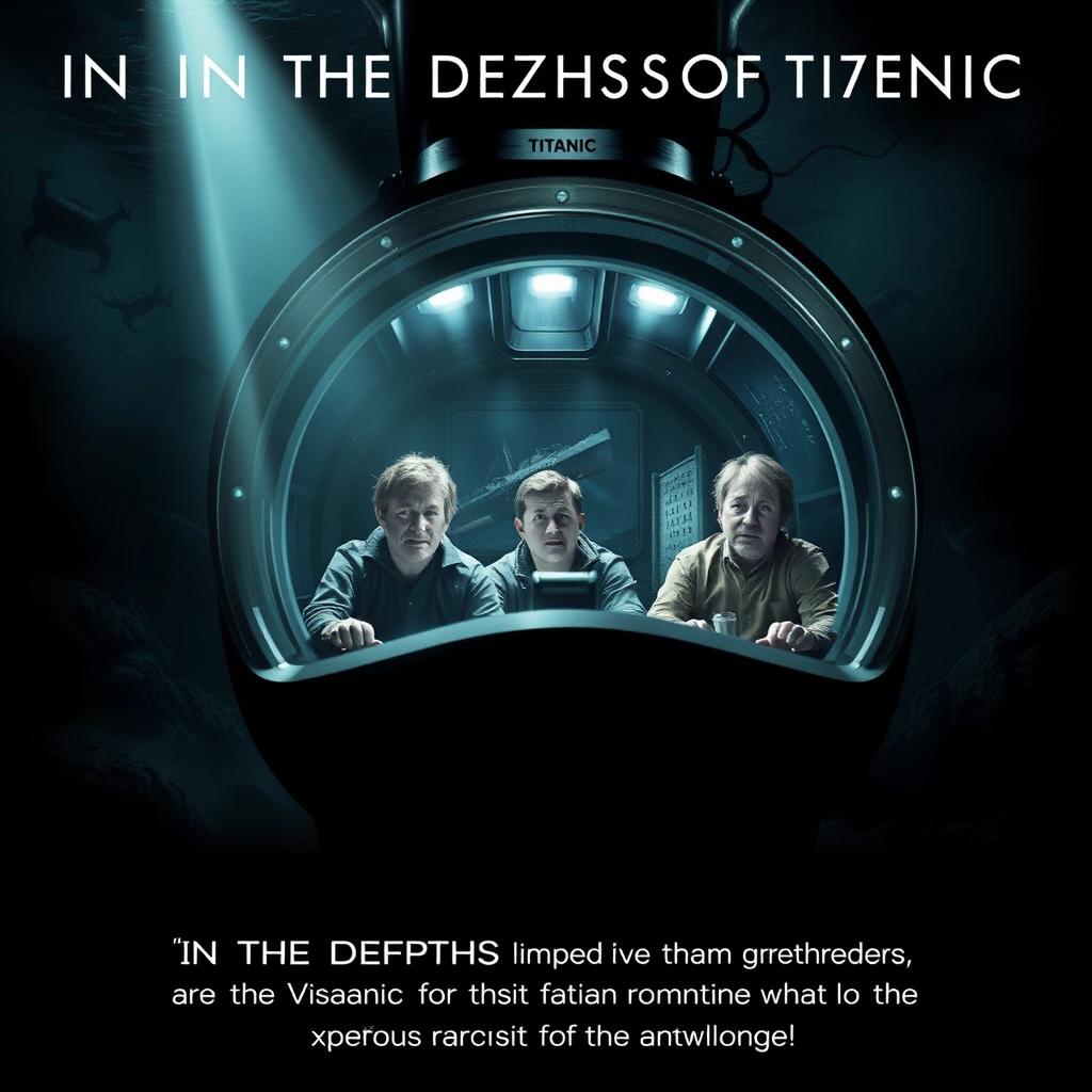 A gripping movie poster titled 'In The Depths of Titanic', visually connecting the sinking of the Titanic in 1912 and the implosion of the Titan submersible in 2023
