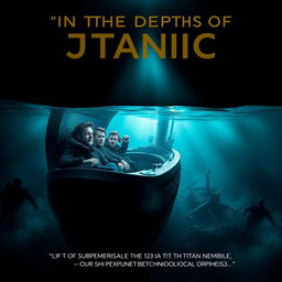 A gripping movie poster titled 'In The Depths of Titanic', visually connecting the sinking of the Titanic in 1912 and the implosion of the Titan submersible in 2023