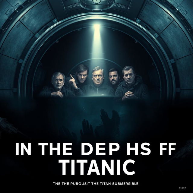 A gripping movie poster titled 'In The Depths of Titanic', visually connecting the sinking of the Titanic in 1912 and the implosion of the Titan submersible in 2023