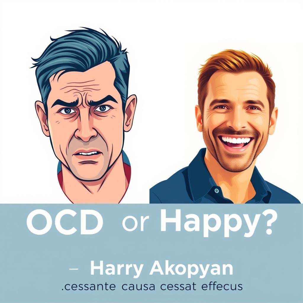 A captivating book cover for a psychology book titled "OCD or Happy Life?" featuring two contrasting images of men