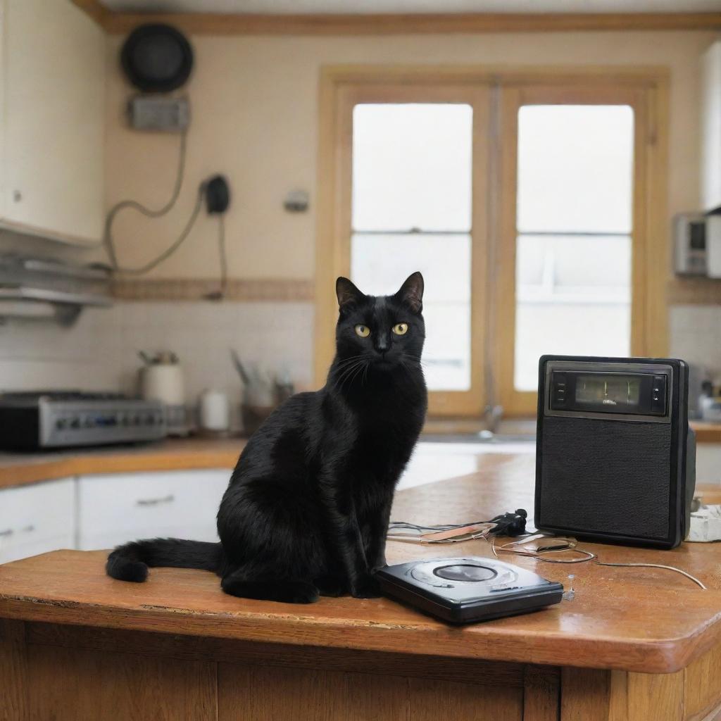 A sleek black cat with a vintage audio player beside it, situated in a cluttered and disheveled kitchen.