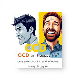 A captivating book cover for a psychology book titled "OCD or Happy Life?" featuring two contrasting images of men