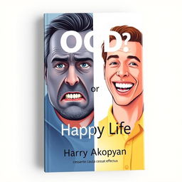 A captivating book cover for a psychology book titled "OCD or Happy Life?" featuring two contrasting images of men