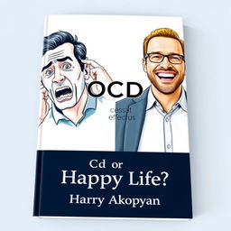 A captivating book cover for a psychology book titled "OCD or Happy Life?" featuring two contrasting images of men