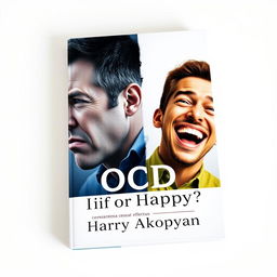 A visually engaging book cover for a psychology book titled "OCD or Happy Life?" featuring two contrasting characters against a light background