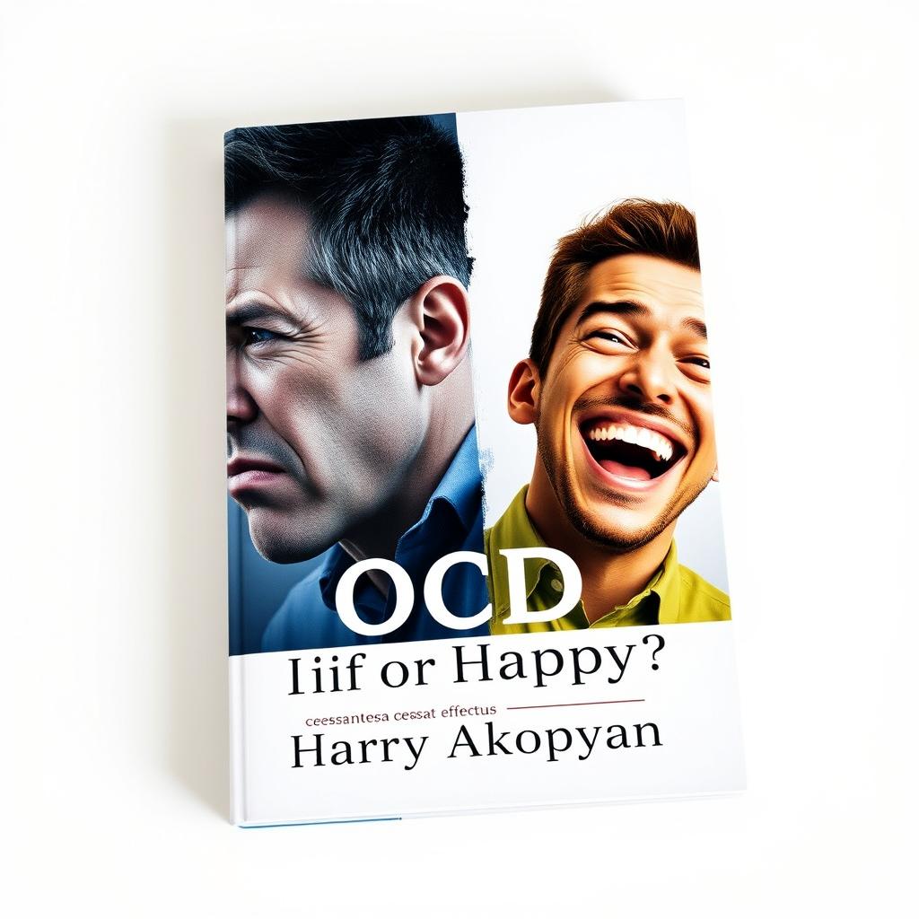 A visually engaging book cover for a psychology book titled "OCD or Happy Life?" featuring two contrasting characters against a light background