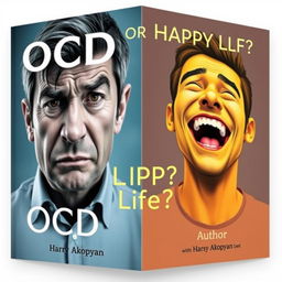 A visually engaging book cover for a psychology book titled "OCD or Happy Life?" featuring two contrasting characters against a light background