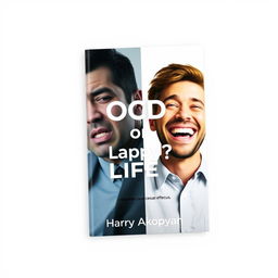 A visually engaging book cover for a psychology book titled "OCD or Happy Life?" featuring two contrasting characters against a light background