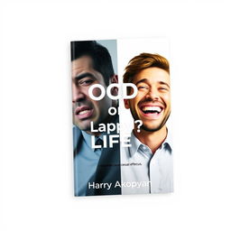 A visually engaging book cover for a psychology book titled "OCD or Happy Life?" featuring two contrasting characters against a light background