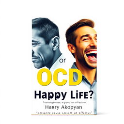 A visually engaging book cover for a psychology book titled "OCD or Happy Life?" featuring two contrasting characters against a light background