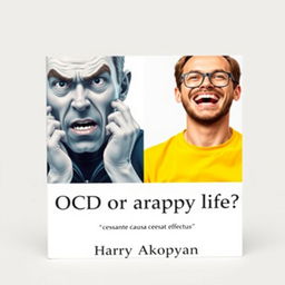 A striking book cover for a psychology book titled "OCD or Happy Life?" featuring two contrasting images to visually represent the themes