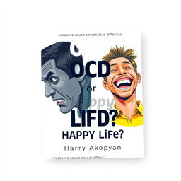 A striking book cover for a psychology book titled "OCD or Happy Life?" featuring two contrasting images to visually represent the themes